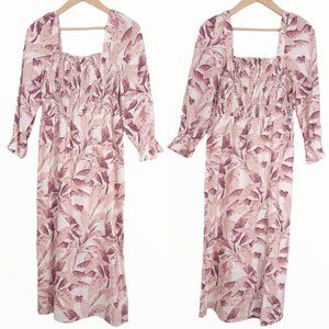House of Harlow 1960 Linen Smocked Pink Palm Midi Dress Bishop Sleeve Size Small